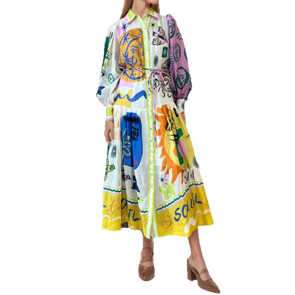ZARA Chic Printed Long Loose Dress with Shirt Collar for Fall